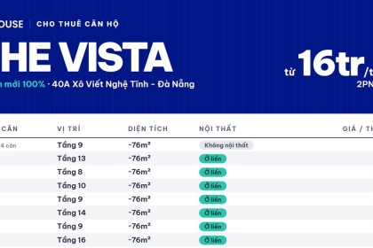Cho thuê căn hộ The Vista Residences Đà Nẵng tháng 10/2026: 18 căn mới 100%, từ 16 triệu, cho nuôi thú cưng Cho thuê căn hộ The Vista Residences Đà Nẵng tháng 10/2026: 18 căn mới 100%, từ 16 triệu, cho nuôi thú cưng