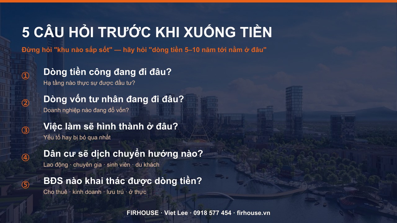 Năm câu hỏi giúp nhìn ra nơi dòng tiền sẽ tập trung, thay vì chạy theo tin đồn sốt đất.