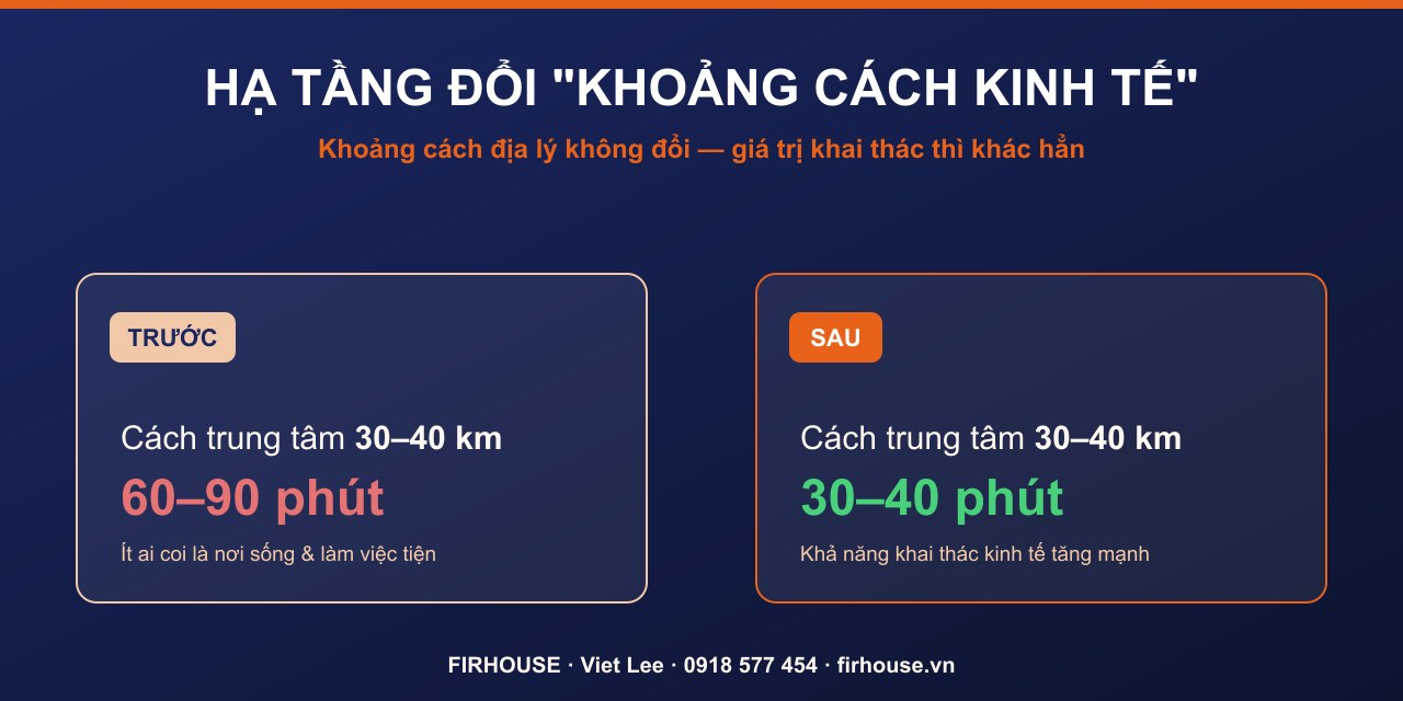 Cùng một khoảng cách địa lý, nhưng thời gian di chuyển rút ngắn làm khả năng khai thác kinh tế tăng mạnh.