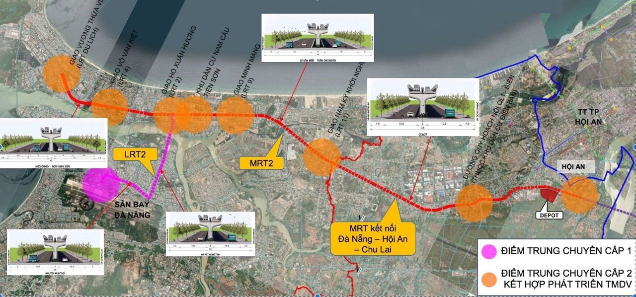 Sơ đồ định hướng tuyến MRT kết nối Đà Nẵng – Hội An – Chu Lai và các điểm trung chuyển