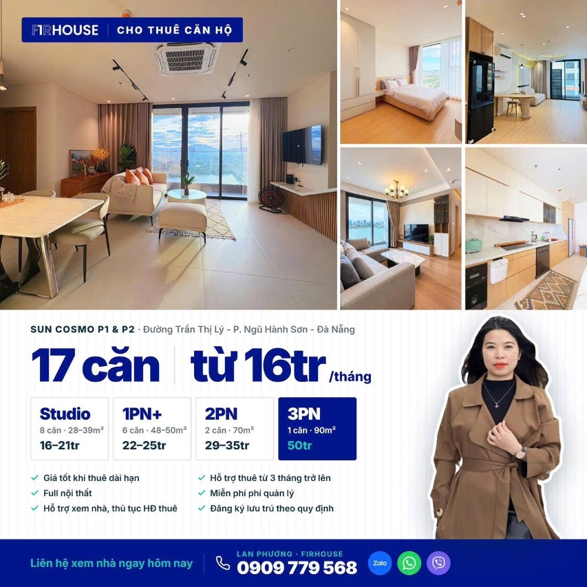 Căn hộ cho thuê Sun Cosmo P1 & P2: full nội thất, nhiều căn view sông Hàn