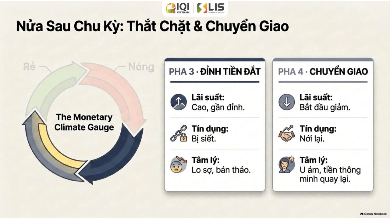 Pha 3 (Đỉnh tiền đắt) và Pha 4 (Chuyển giao) — nửa sau chu kỳ tiền tệ