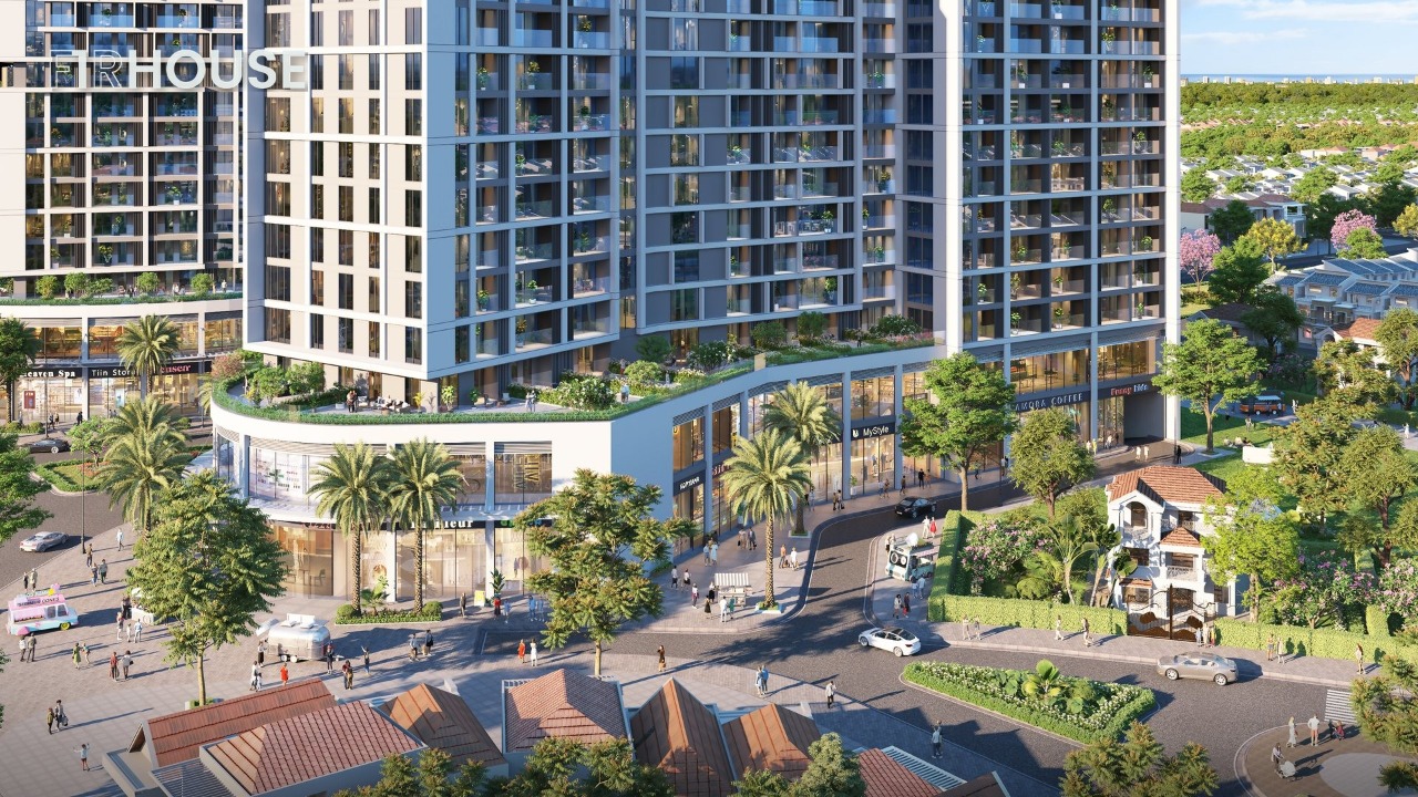 Không gian ngoại thất và khối đế thương mại Cora Tower.