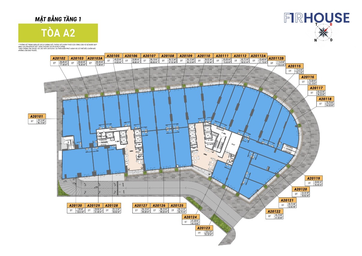 Mặt bằng shophouse khối đế tầng 1 – Cora Tower tòa A2.