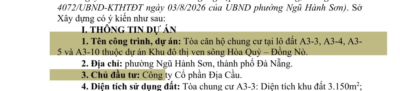 Trích văn bản 17293/SXD-QLN: tên công trình và chủ đầu tư (Công ty Cổ phần Địa Cầu) — chính là FourS Tower theo tên thương mại
