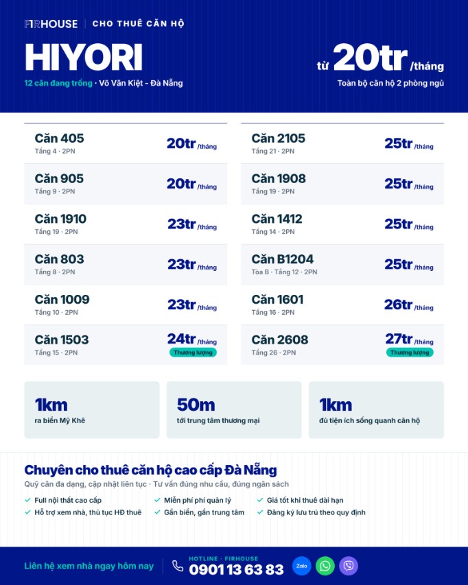 Danh sách 12 căn hộ 2PN cho thuê tại Hiyori Đà Nẵng, cập nhật tháng 10/2026