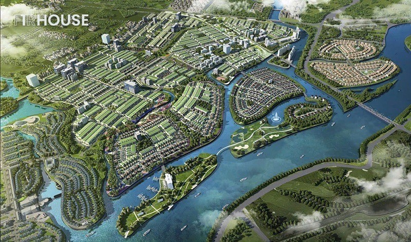 Phối cảnh tổng thể Golden Hills Đà Nẵng: các dãy nhà ở ven sông Cu Đê, khu biệt thự đảo và trục cây xanh