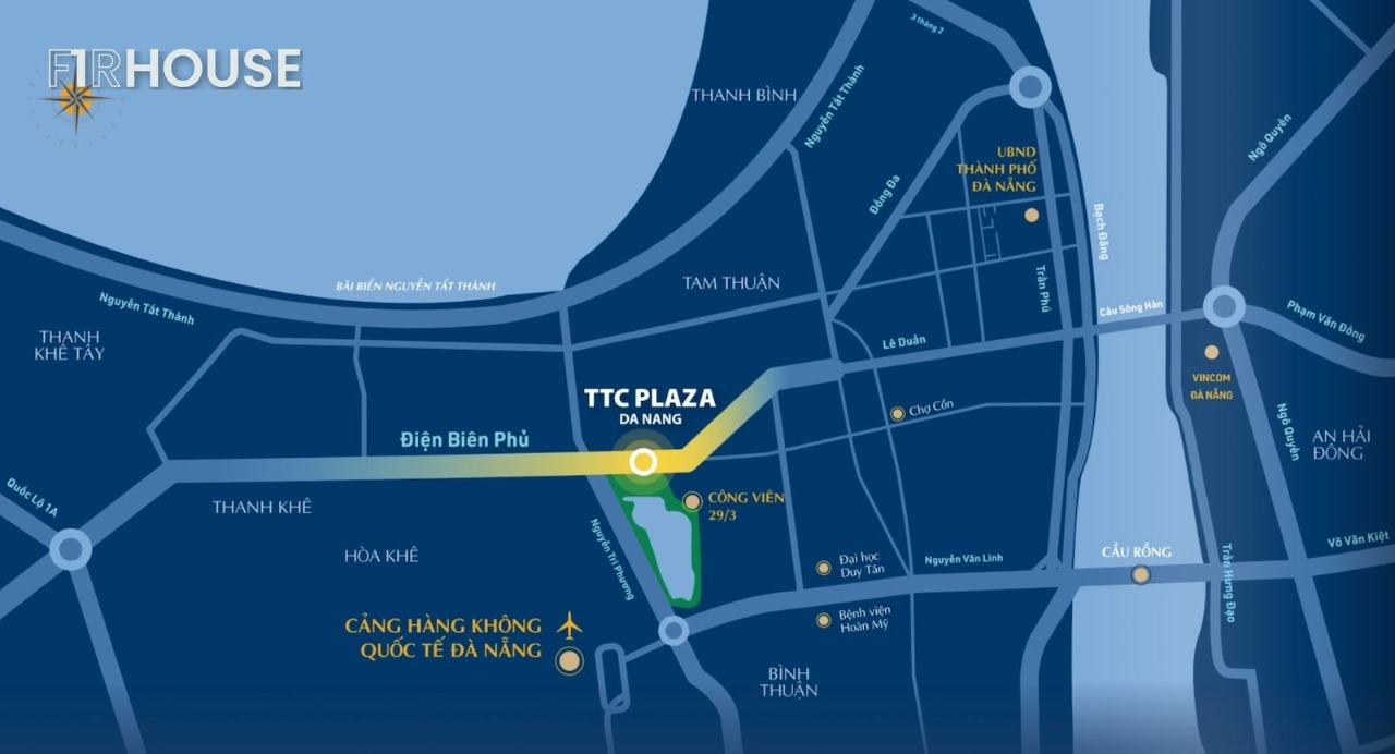 Vị trí TTC Plaza trên Điện Biên Phủ, đối diện công viên 29/3, gần sân bay