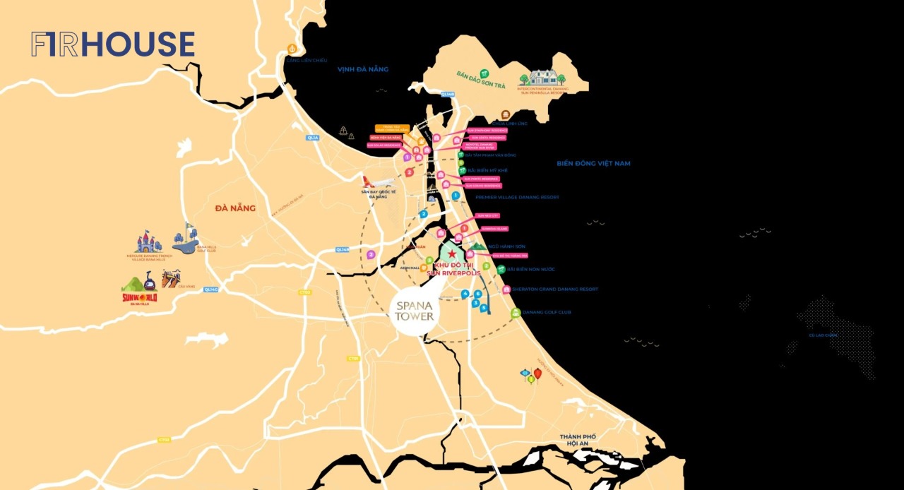Bản đồ vị trí Spana Tower bên sông Cẩm Lệ, khu đô thị Sun NeO City, Đà Nẵng.
