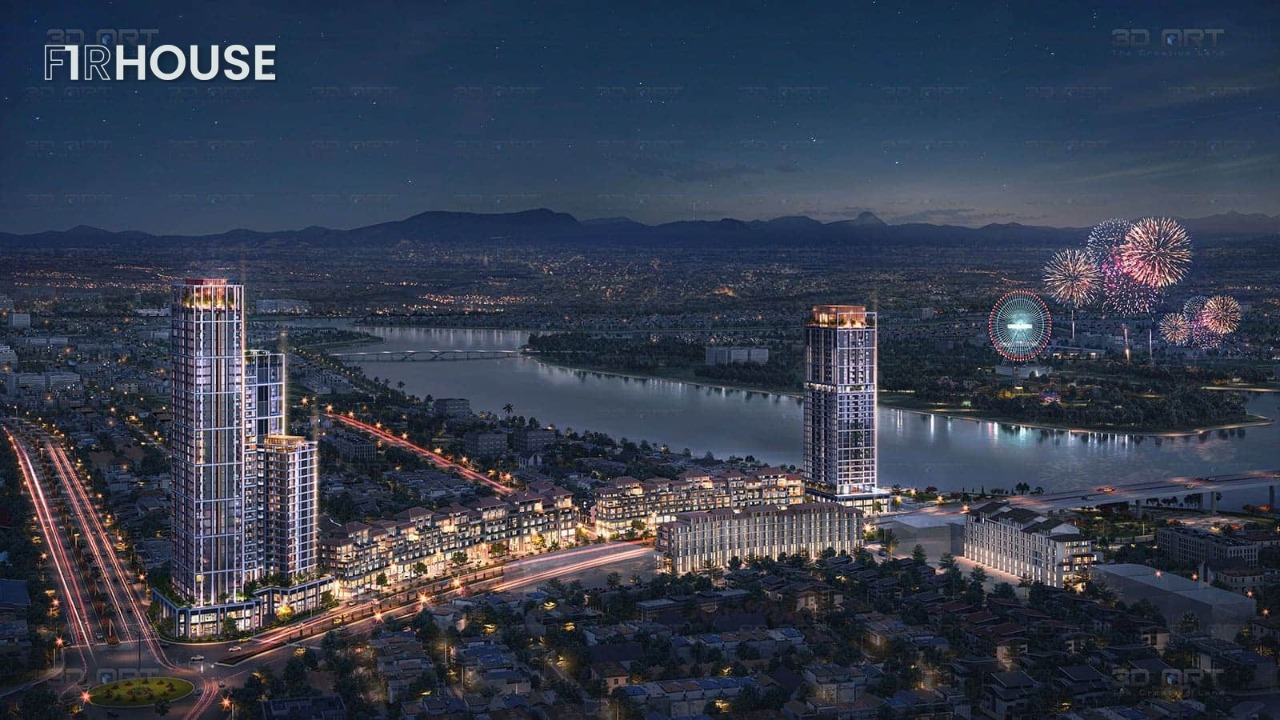 Phối cảnh hai tòa căn hộ Sun Cosmo Residence bên bờ sông Hàn, chân cầu Trần Thị Lý.