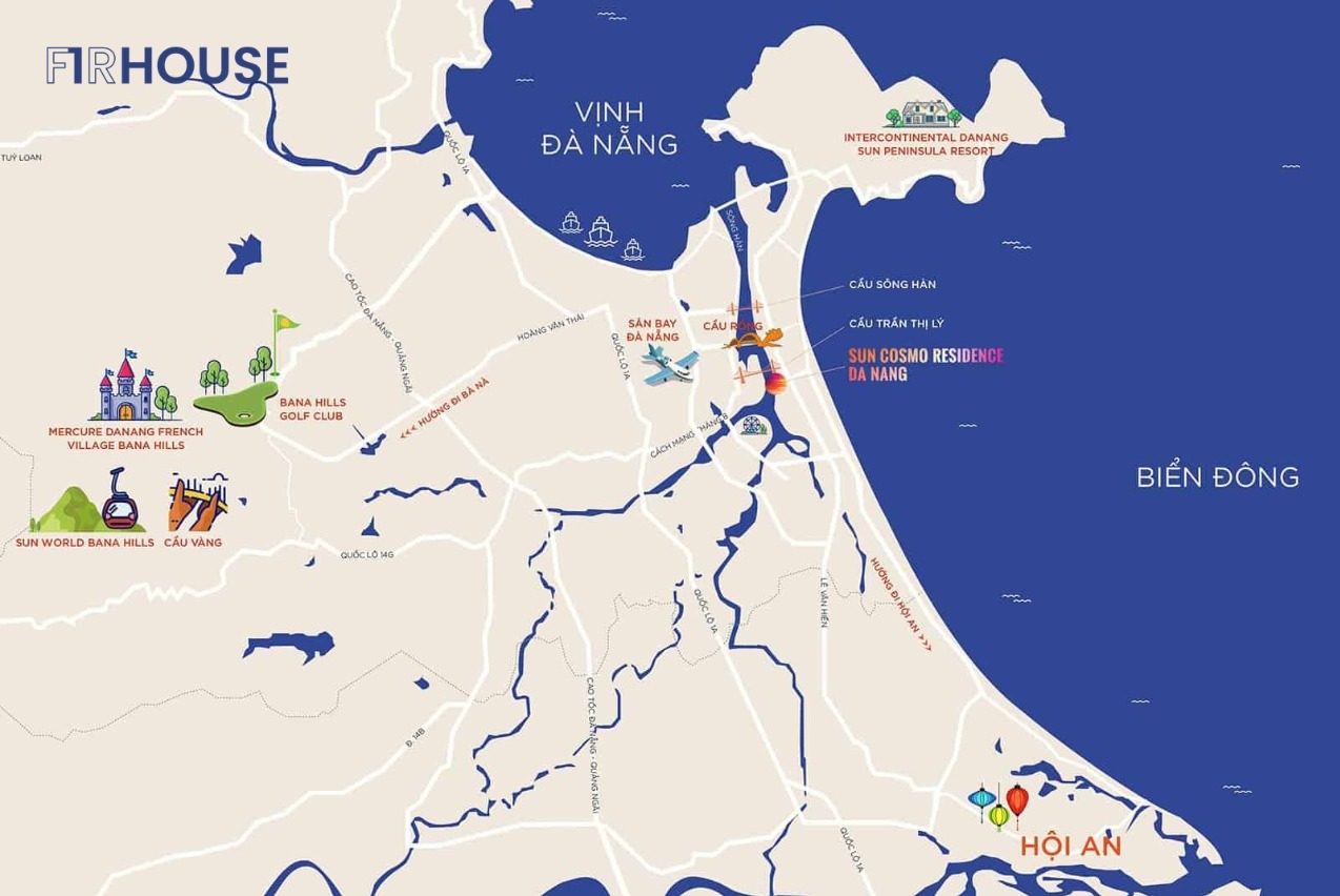 Vị trí Sun Cosmo Residence tại trung tâm Đà Nẵng, kết nối ba quận qua cầu Trần Thị Lý.