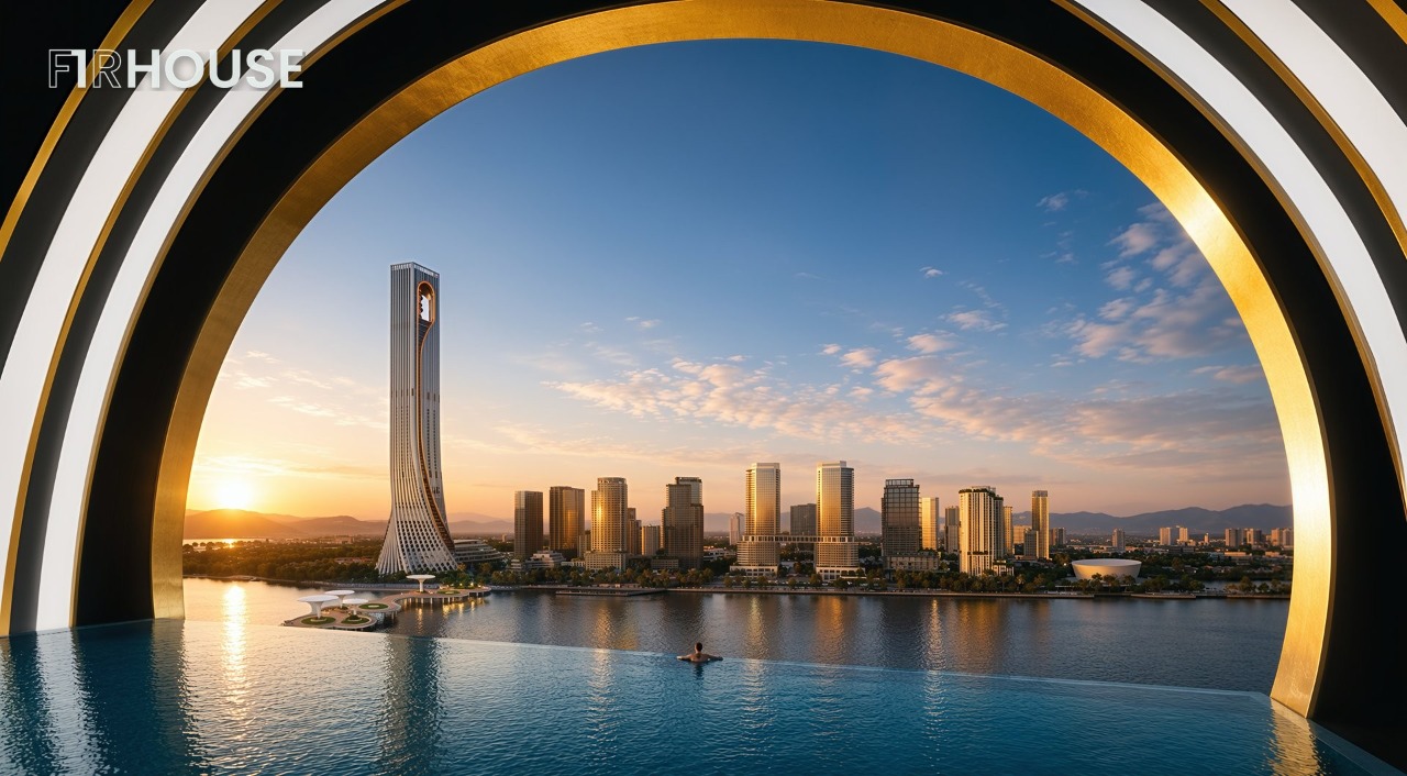Phối cảnh Sun Galaxy Complex với tháp biểu tượng và cổng vòm Moon Gate bên sông Hàn.