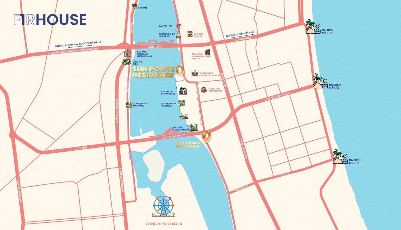 Vị trí Sun Ponte Residence ven sông Hàn, kết nối trung tâm Đà Nẵng.