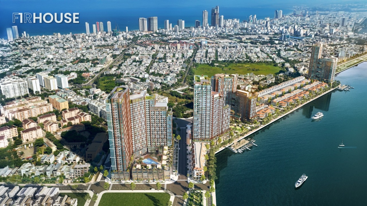 Tổ hợp Sun Symphony Residence bên sông Hàn nhìn từ trên cao ban ngày.