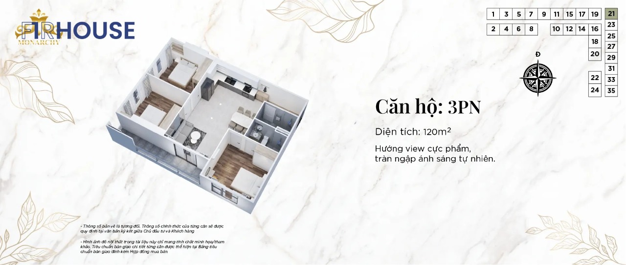 Mặt bằng căn hộ 3 phòng ngủ 120m² tại The Monarchy Đà Nẵng.