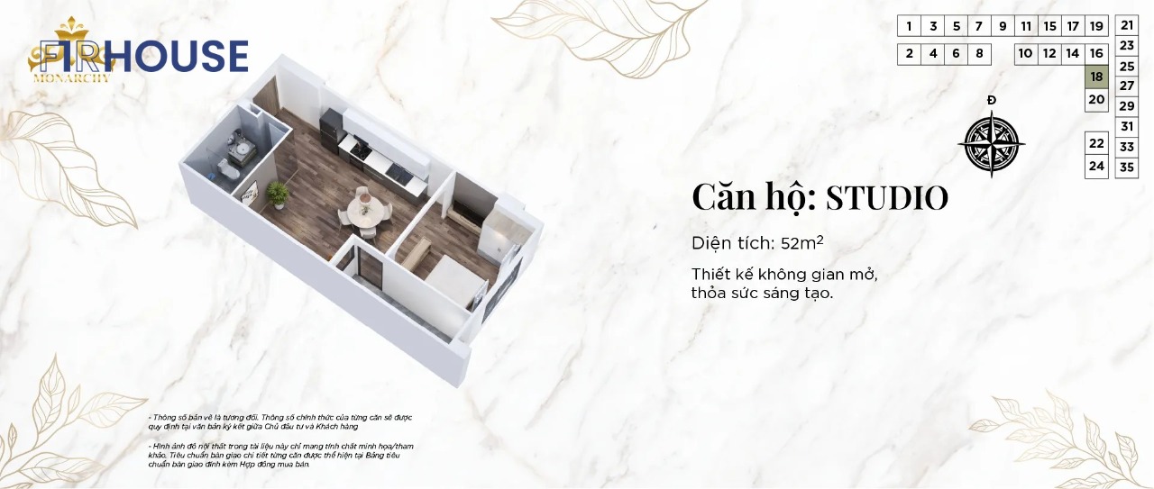 Mặt bằng căn hộ studio 52m² tại The Monarchy Đà Nẵng.