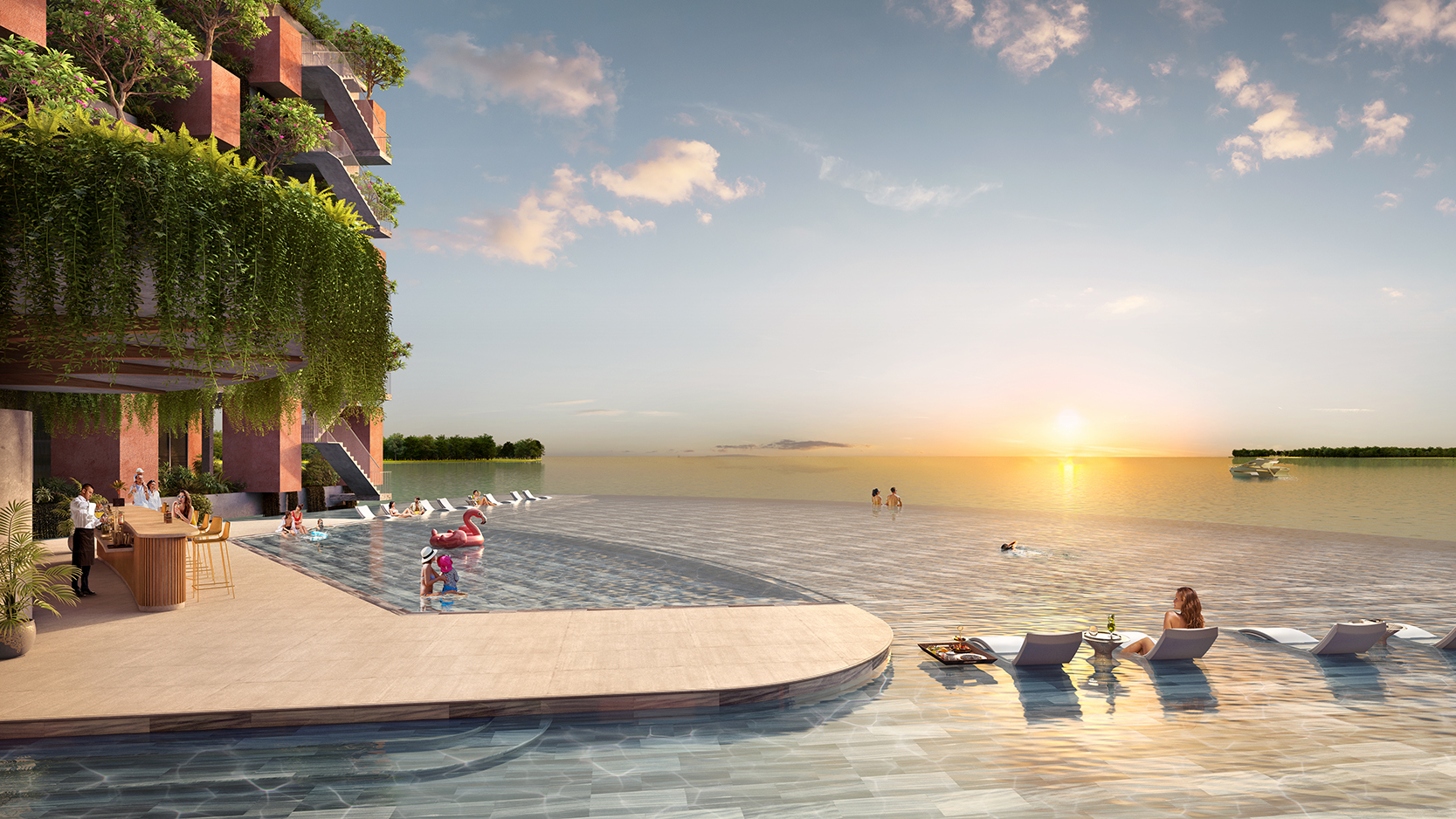 Hồ bơi infinity Casamia Balanca nhìn ra sông — rừng xanh bên kia bờ lúc hoàng hôn