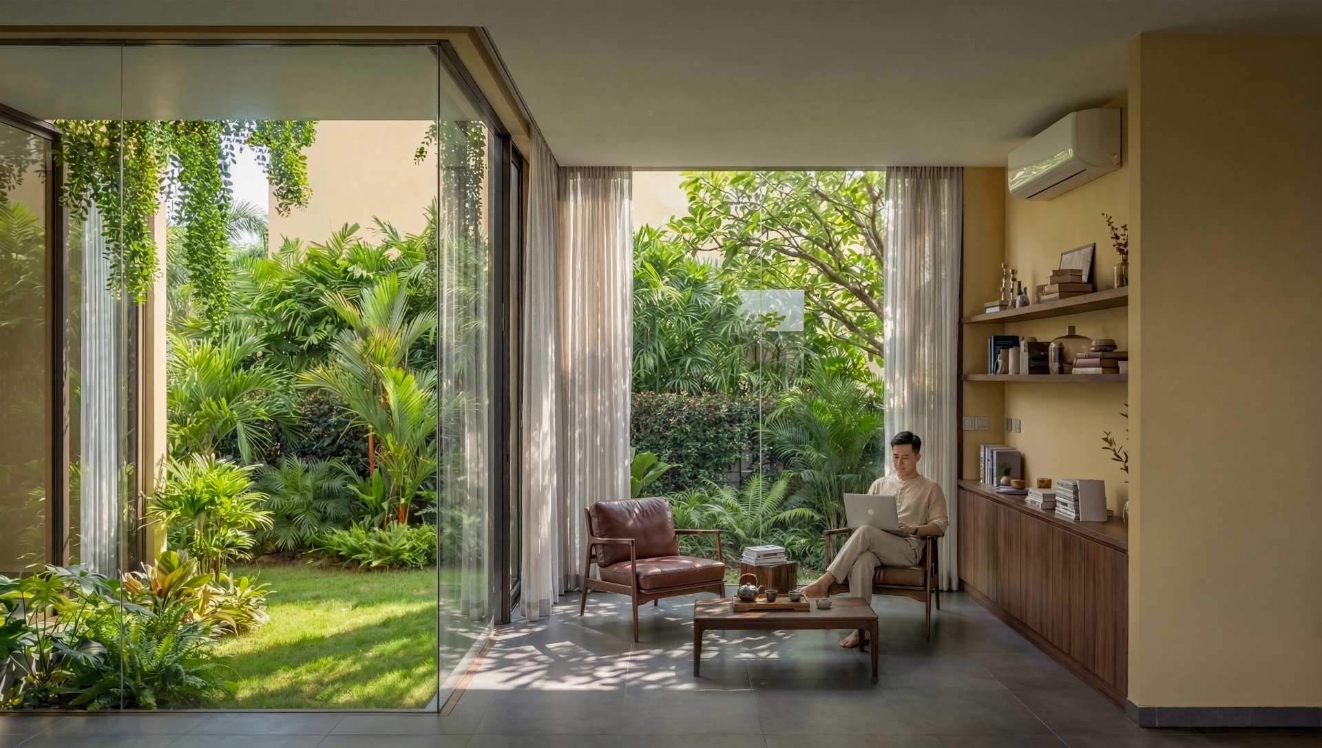 Không gian nội thất biệt thự Casamia Balanca Hội An — view vườn cây xanh tự nhiên