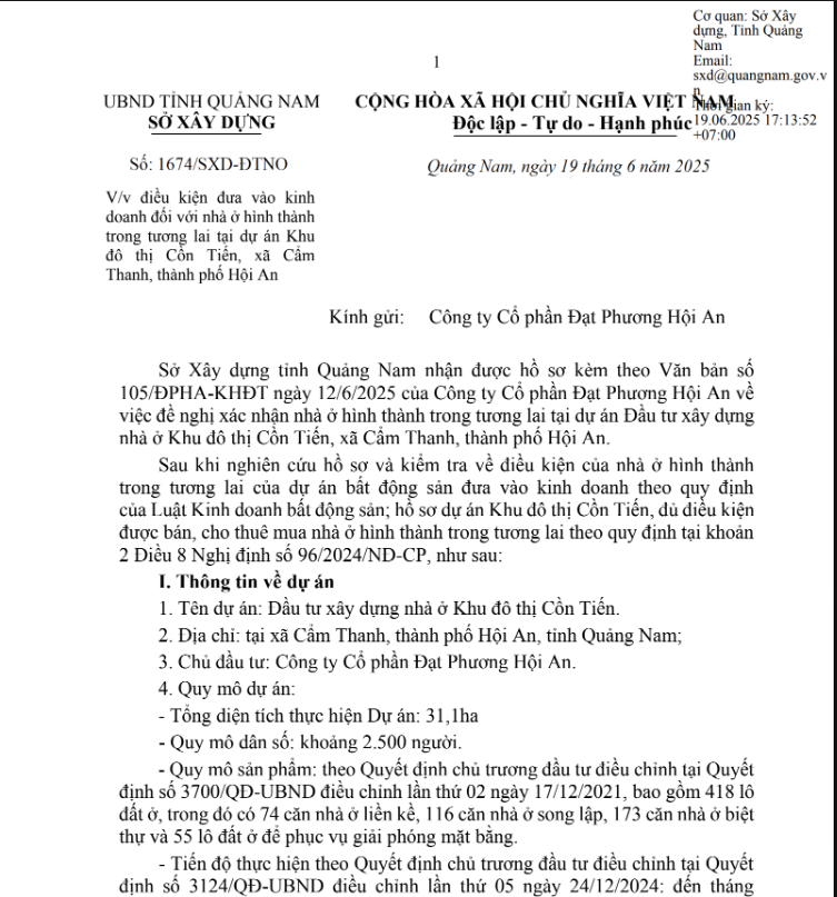 Công văn 1674/SXD-ĐTNO ngày 19/6/2025 - Sở Xây dựng Quảng Nam xác nhận Casamia Blanca đủ điều kiện bán